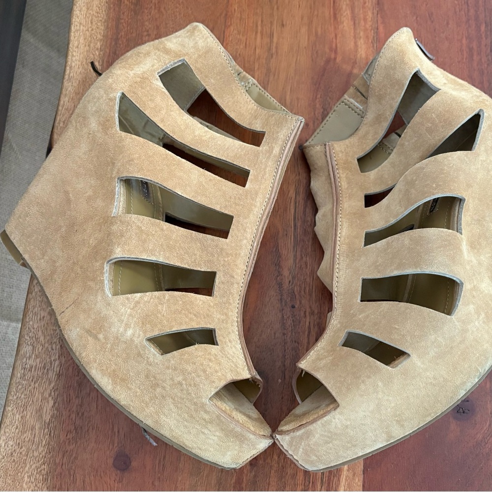 BCBGeneration Tan Cutout Wedge Sandals